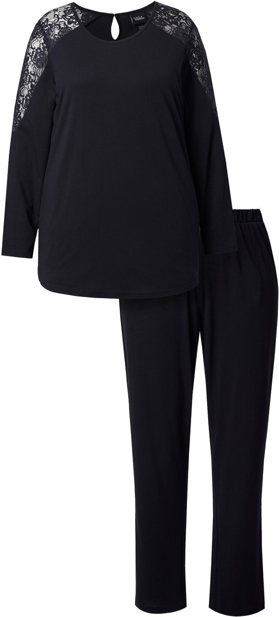 Ulla Popken Dames - Pyjama kant ronde hals lange mouwen modalmix - Zwart - Maat 46+