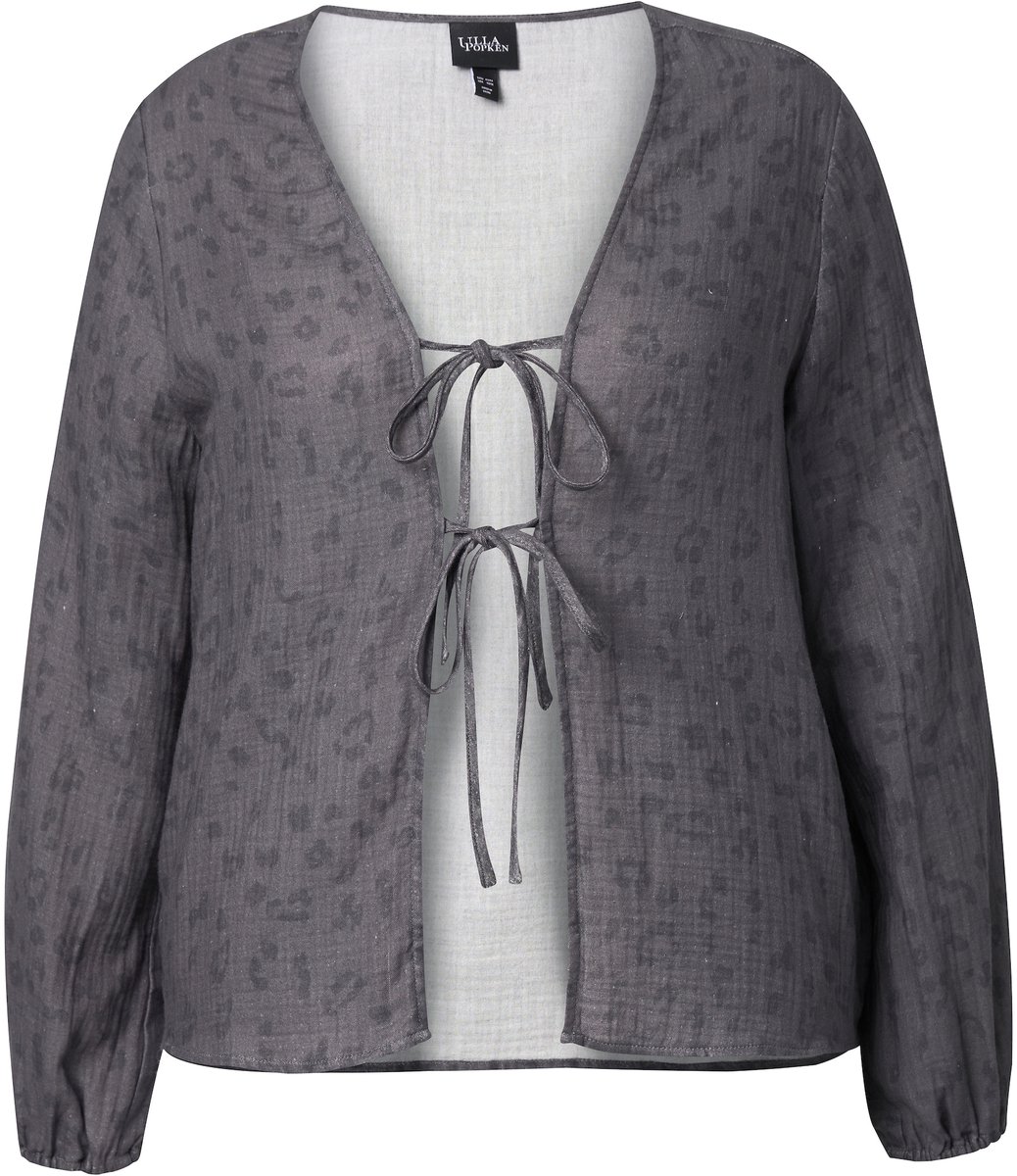 Ulla Popken - Dames - Mousseline blouse dubbele band V-hals lange mouw - Grafietgrijs - Maat 42+