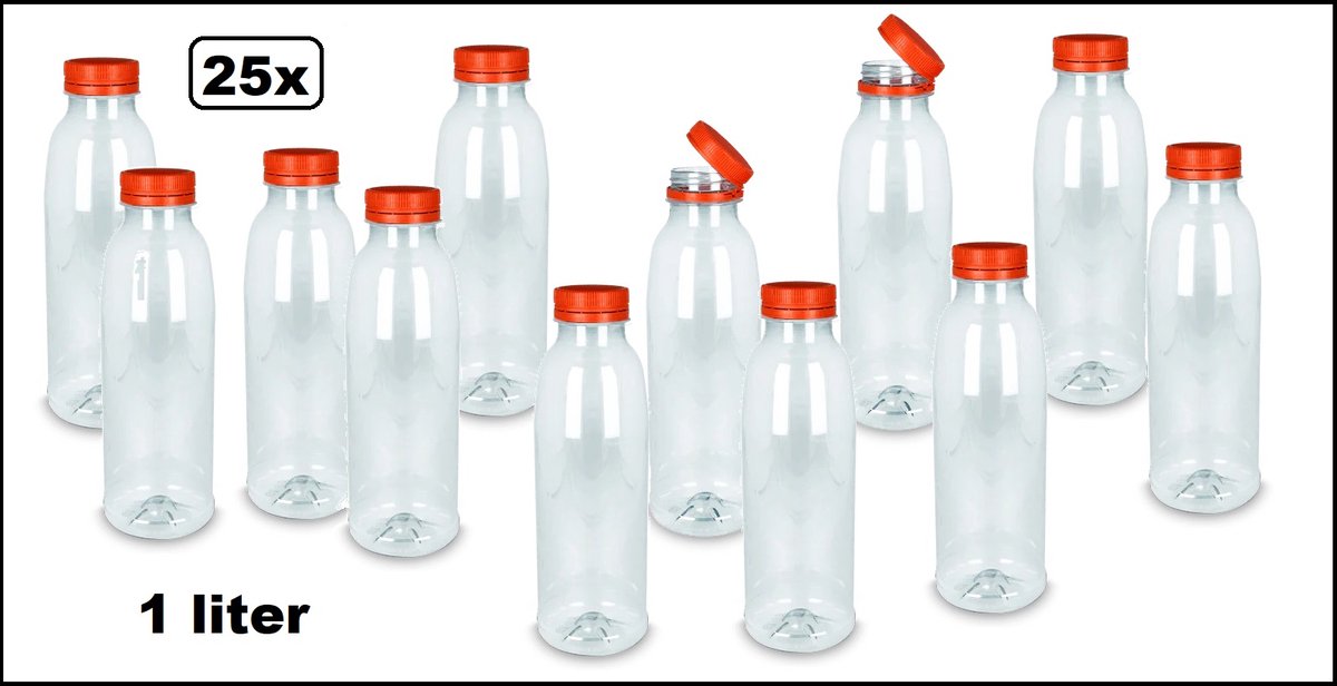 25x Flesje PET 1 liter met oranje dop - 1000cc - Sap water gerecyclede drink fles vruchten limonade drank festival uitdeel party