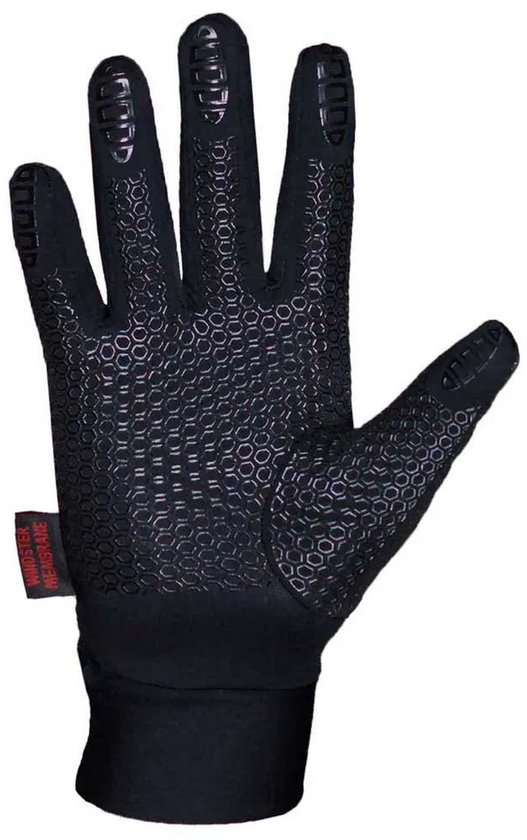 Zwarte handschoen met honingraatprofiel op de handpalm en vingers voor grip.