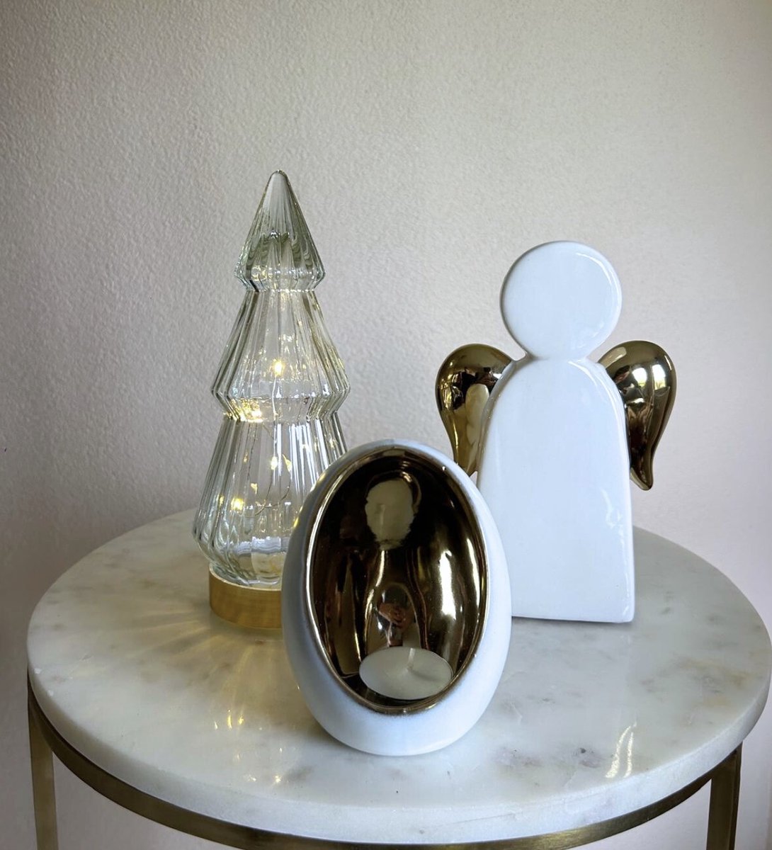 Kerst Set 3-delig – Engeltje, LED Kerstboom & Waxinelichthouder – Wit/Goud – Moderne Kerstdecoratie