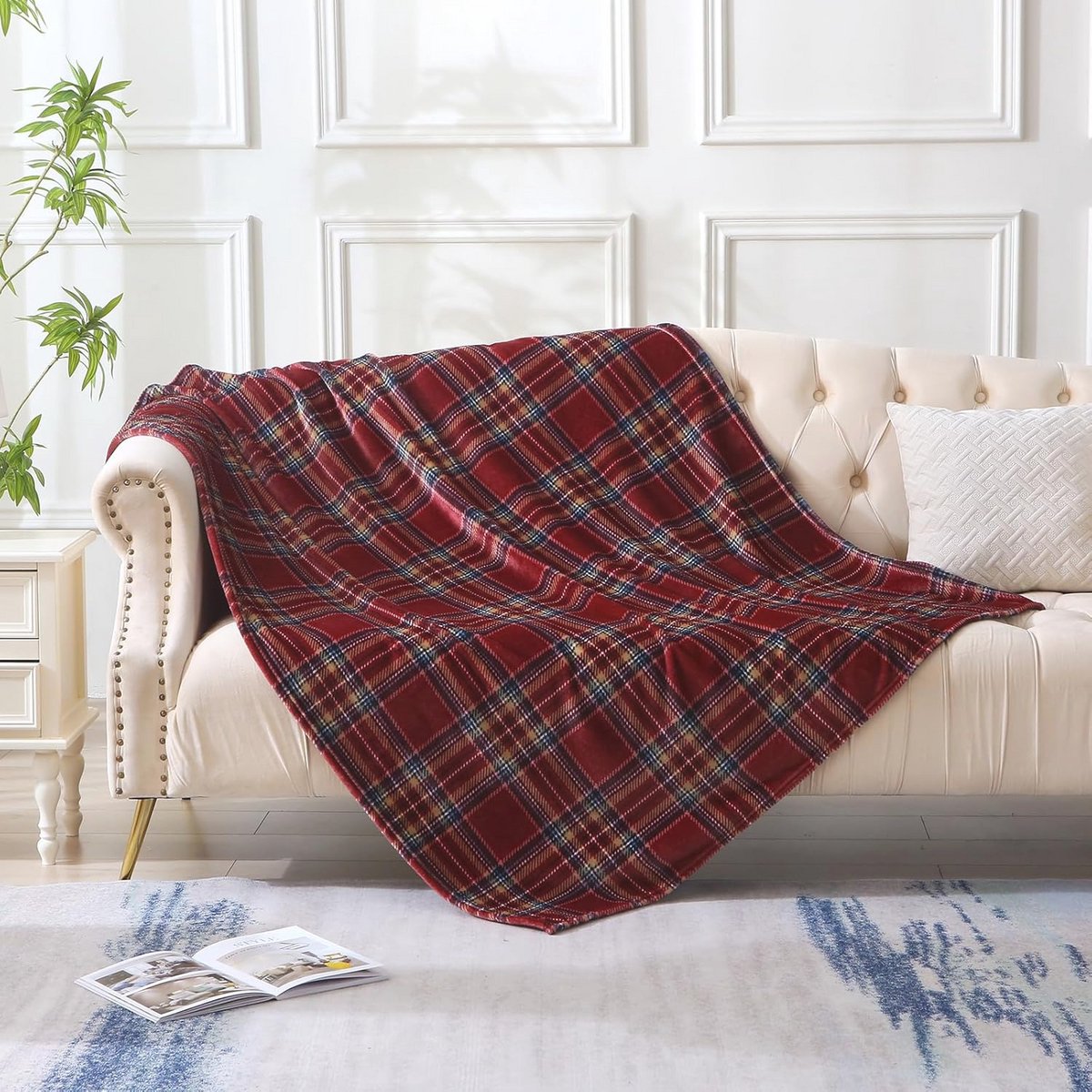 Zachte Fleece Plaid voor Slaapbank en Stoel - Ultra-Pluche Deken in Rood Geruit (130 x 150 cm)