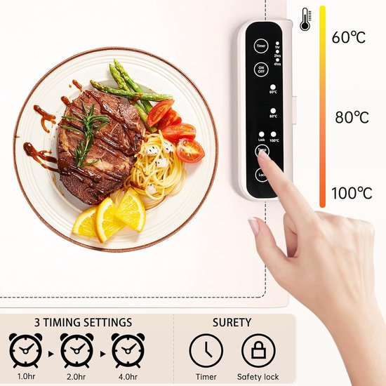 Warmhoudplaat - Warmhoudplaat elektrisch - Voedselverwarmer -Flexibele elektrische komverwarmer - Drie temperatuurstanden - Drie tijdstanden - Volledig geïsoleerd - Geschikt voor thuis - Feesten - Houdt eten warm - Ontdooien - 60 x 38 cm - Wit — afbeelding 4