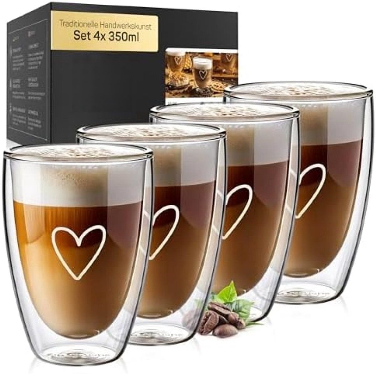 PromoHome Dubbelwandige Koffieglazen Set - 4 Stuks Thermische Mokken 350 ml