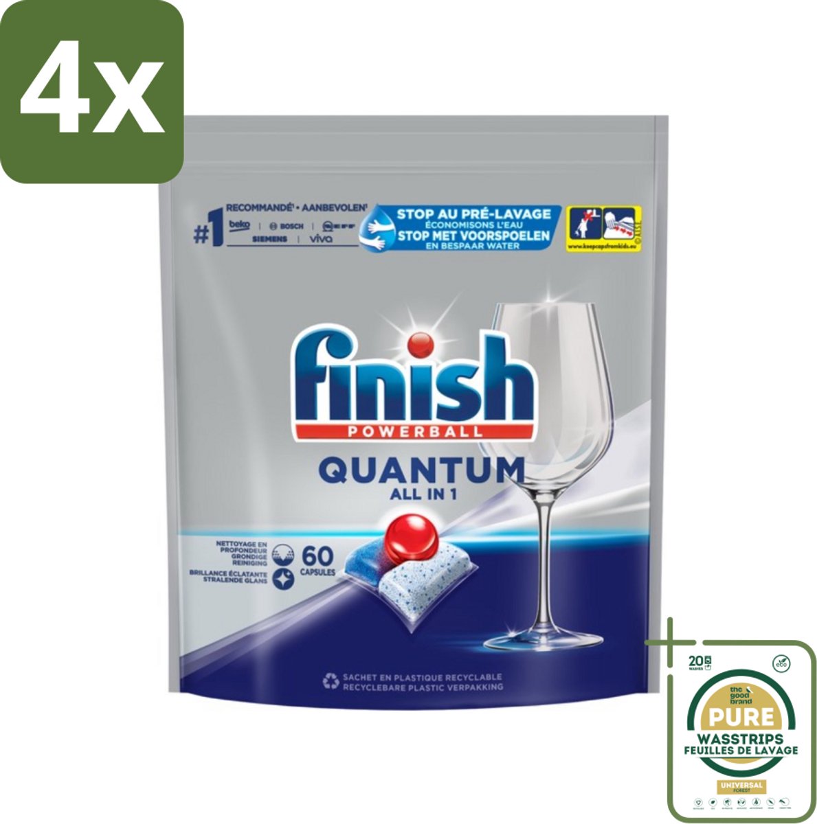 Finish – Vaatwastabletten – Quantum All-in-1 – 60 Capsules - Voordeelverpakking - 4 stuks - Diepe reiniging - Glans