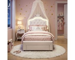 ADFBL Prinsessenbed Wit 90x200 cm - Gecapitonneerd Kinderbed met LED & Lade | PU Leer