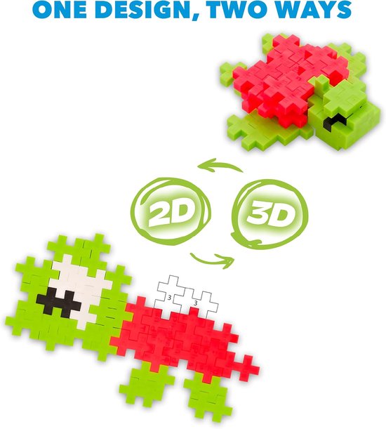 Groene en rode Plus-Plus schildpadjes in 2D en 3D vorm. Eén schildpad in 2D is nog niet af, de andere is afgewerkt in 3D.