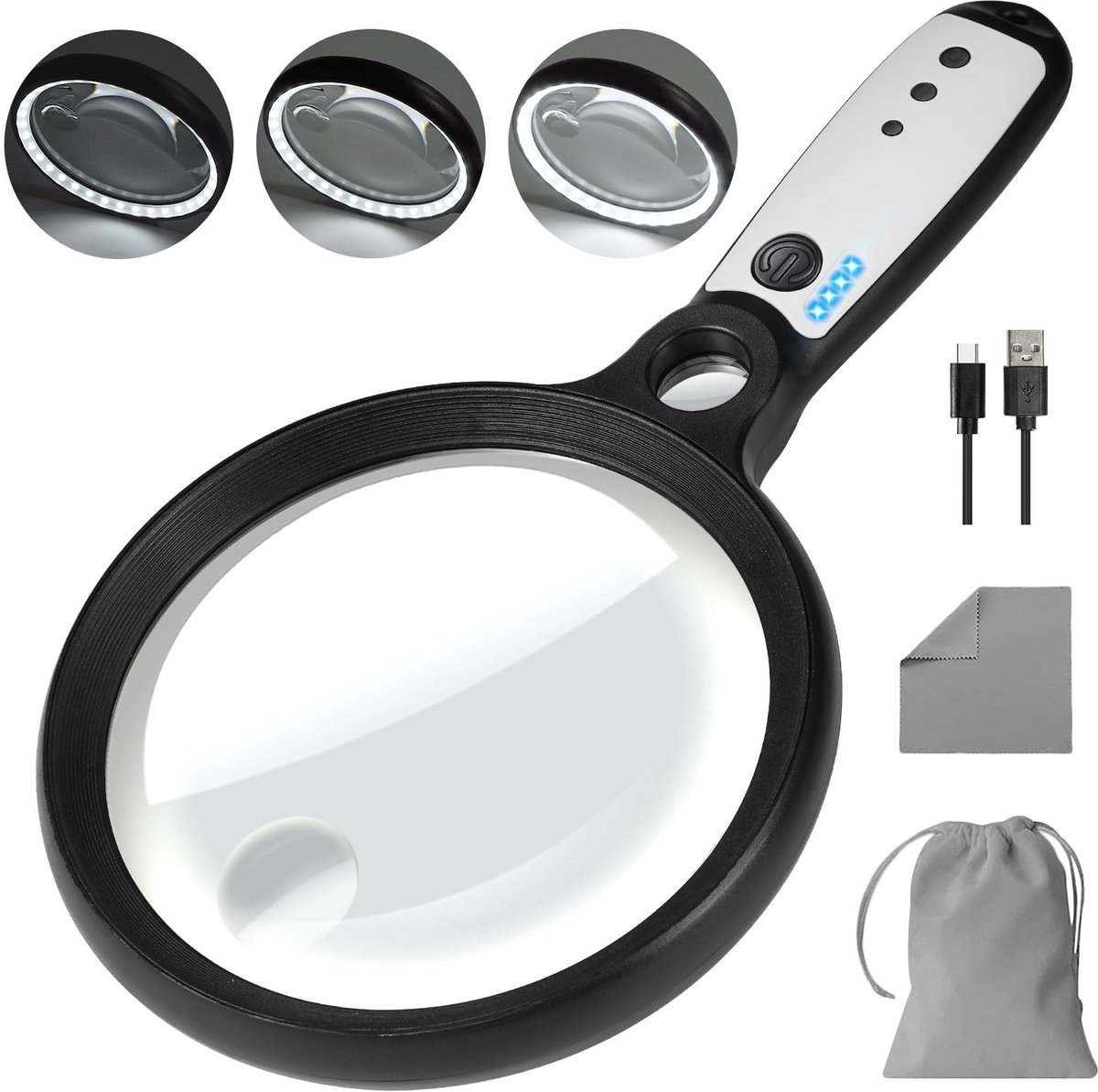 IMPERATORIS® Vergrootglas met 37 LED Beleuchtete en 3 Lichtmodi - Handheld Vergrootglas voor Kinderen & Senioren -Lichtgewicht & Duurzaam – Educatief Speelgoed voor Natuurverkenning - Lezen & Hobby’s - 3x 10x 45x - Zwart/Wit
