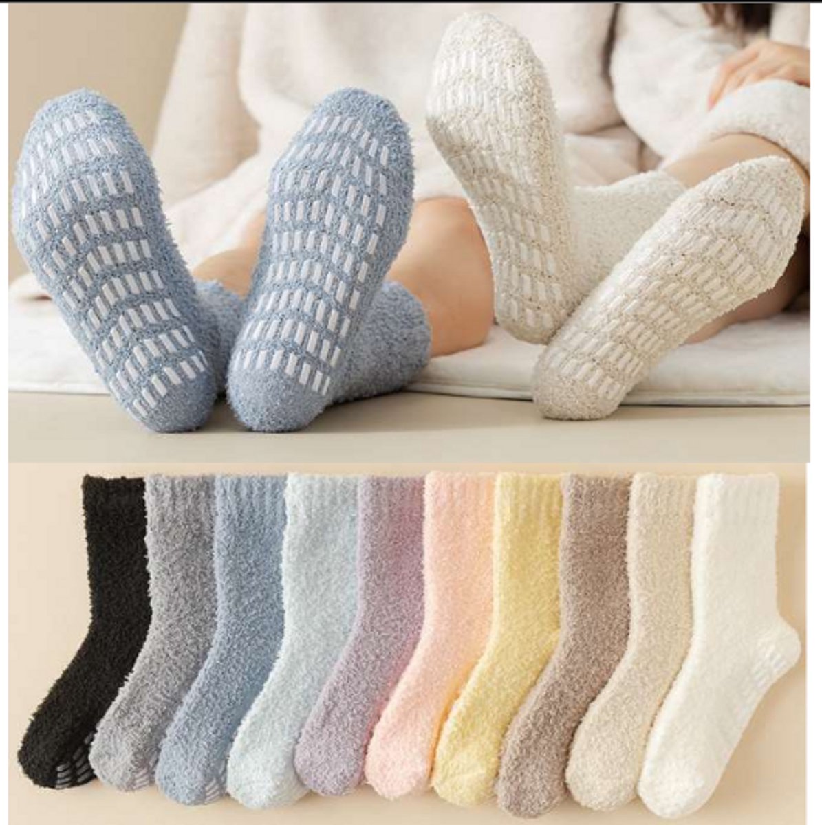 Fluffy Dames Anti-slip Sokken - 2 paar - Noppen op de zool - Drukvrije boord - grijs - bruin - mix - 36 - 40 - cadeau voor haar - geschenk vrouwen - Kerst cadeau - verjaardagscadeau - yoga - sport – giftbox
