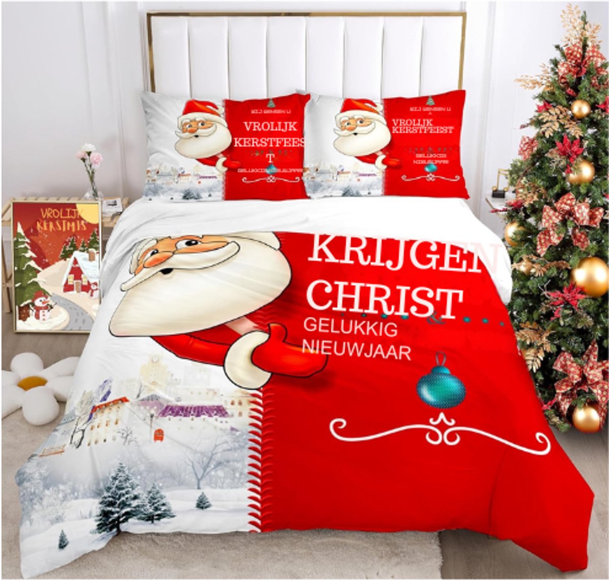 BOG Kerst Beddengoed - Rood Dekbedovertrek Met Kerstman Rendier En Sneeuwpop - Zacht Beddenset Met Rits - 220x240 cm
