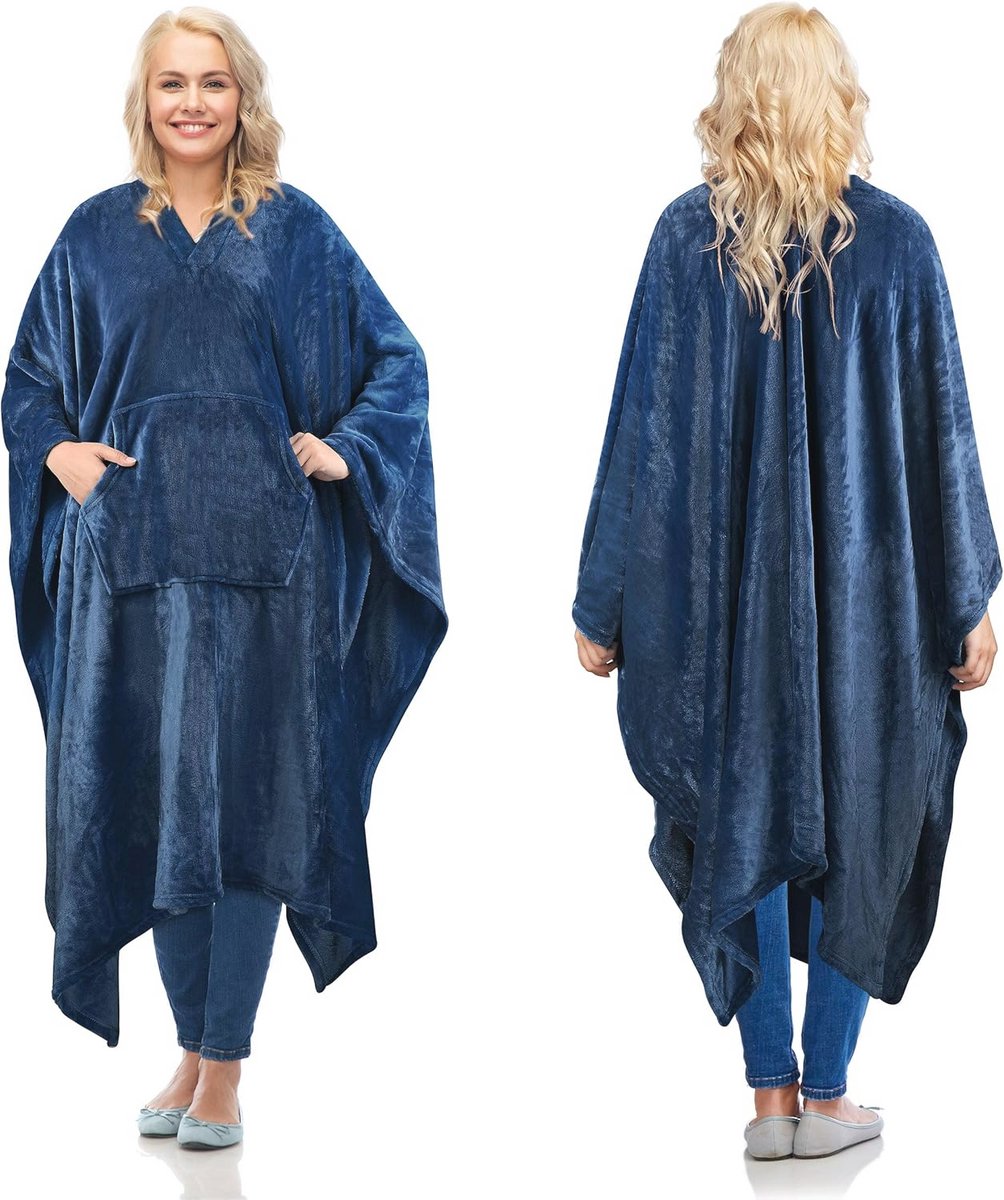 Draagbare Poncho Deken voor Volwassenen en Kinderen - Comfy Pluche Fleece Deken met Kangoeroezak - 200 x 140 cm Navy