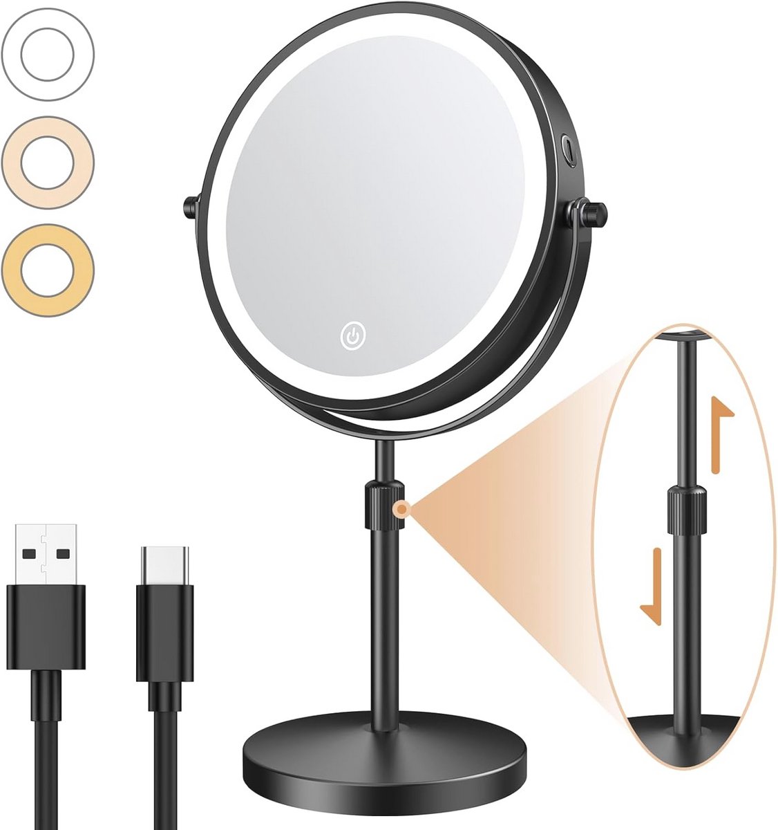 Verlichte make-upspiegel 8,5 inch met dimbare lichten en verstelbare hoogte - 1X/10X vergroting, 360° draaibaar