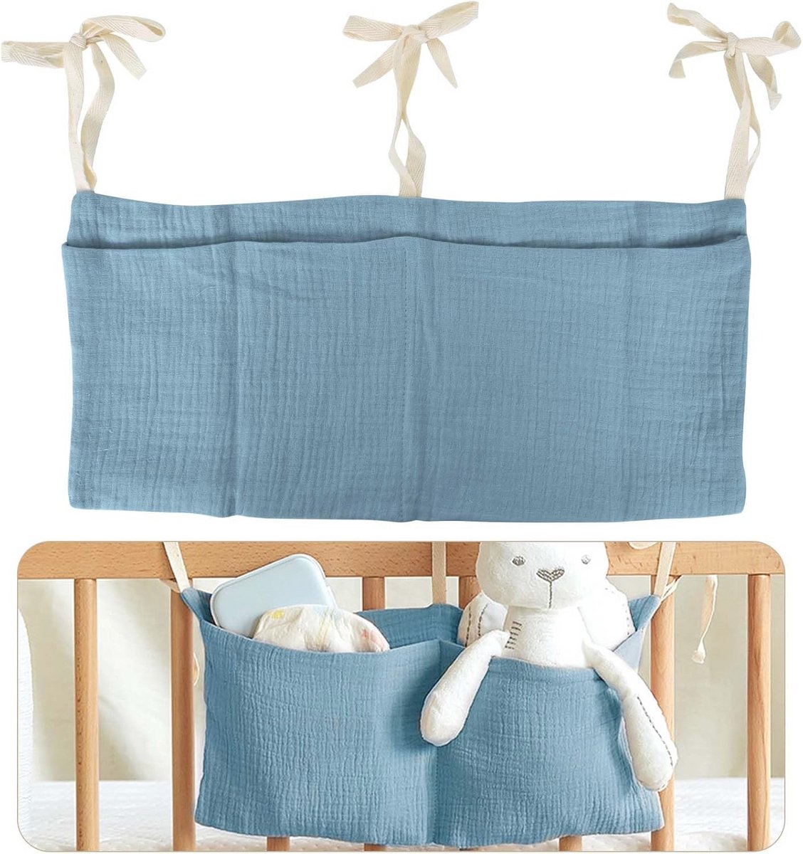 Hangende Bedorganizer met 2 Vakken voor Babybed - Multifunctionele Opbergsysteem voor Luiers, Kleding en Speelgoed - Blauw