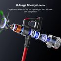 Gedetailleerde weergave van het 8-laags filtersysteem van de rode en zwarte steelstofzuiger, dat 99,99% van het fijnstof opvangt.
