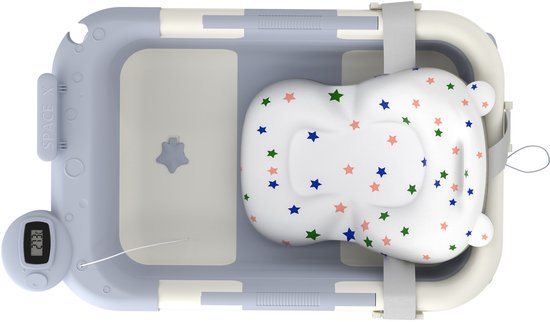 Babybadje Babybadje Badkuip Opvouwbaar Ergonomisch badje Kinderbadje Met badmat Cijferdisplay + badmat Voor pasgeborenen, lichtblauw + wit — afbeelding 2