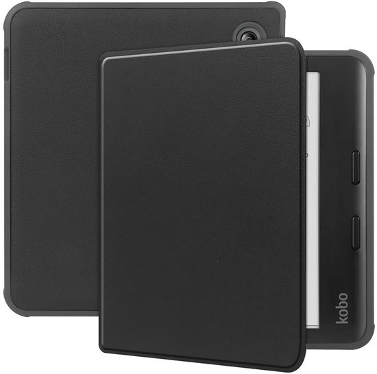 Zwarte, kunstleren hoes, opengeklapt, met Kobo e-reader.