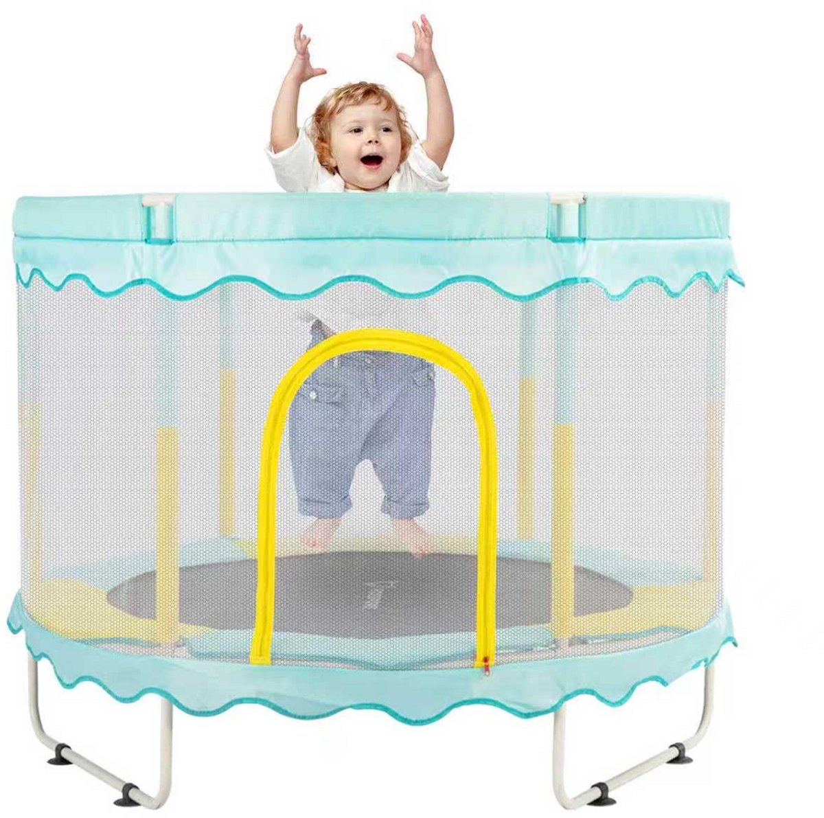 FOXSPORT Trampoline met Veiligheidsnet - Kinder Trampoline - Met Dubbelzijdige Rits - 150 cm in diameter - Trampoline hoogte 110cm - Met basketbalring en oceaanballen – Blauw