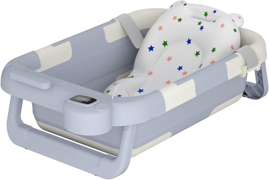 Babybadje Babybadje Badkuip Opvouwbaar Ergonomisch badje Kinderbadje Met badmat Cijferdisplay + badmat Voor pasgeborenen, lichtblauw + wit — afbeelding 4