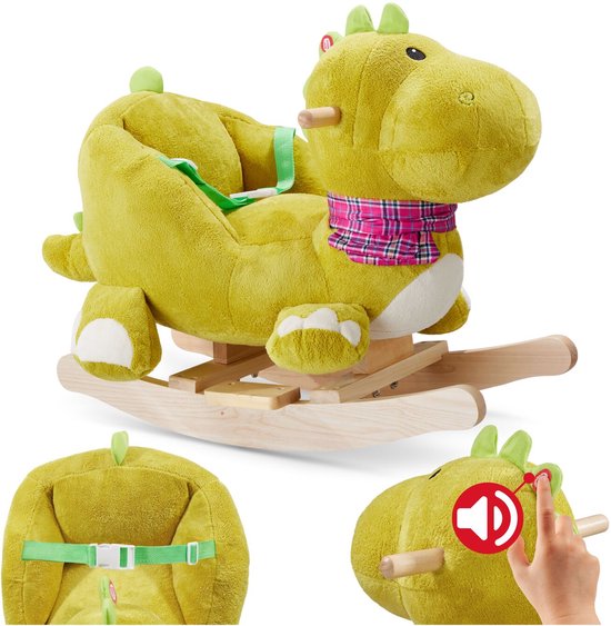 Groene dinosaurus schommelstoel met veiligheidsgordel, houten handvatten en geluidsknop details.