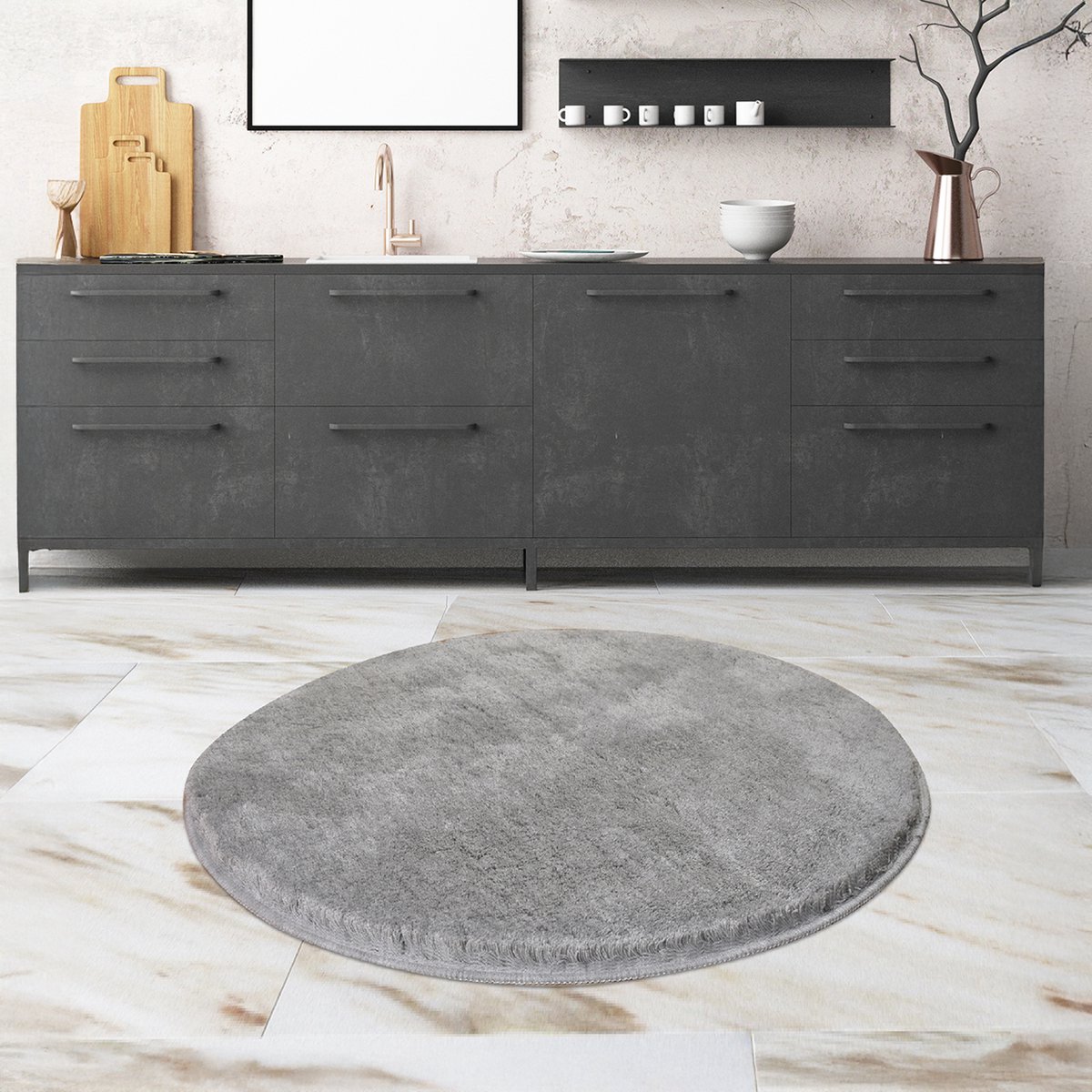 Bosdela Badkamermatten Ø90 cm Grijs Wasbare, zachte en comfortabele badmatten - toiletmat + badmat - slaapkamerkleed - kinderkamerkleed - woonkamerkleed, geschikt voor elke ruimte.