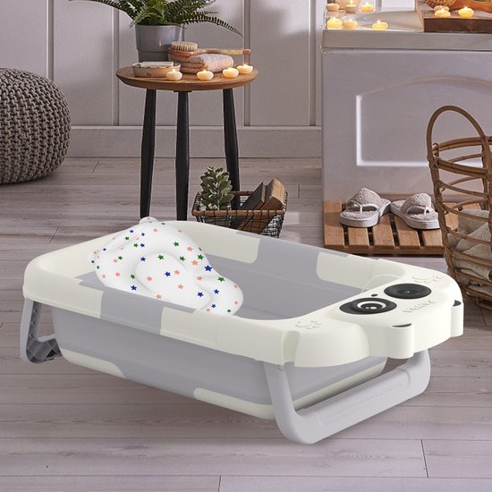 Babybadje Babybadje Badkuip Opvouwbaar Ergonomisch badje Kinderbadje Met badmat Touchscreen LCD-display Voor pasgeborenen, grijs + wit — afbeelding 3
