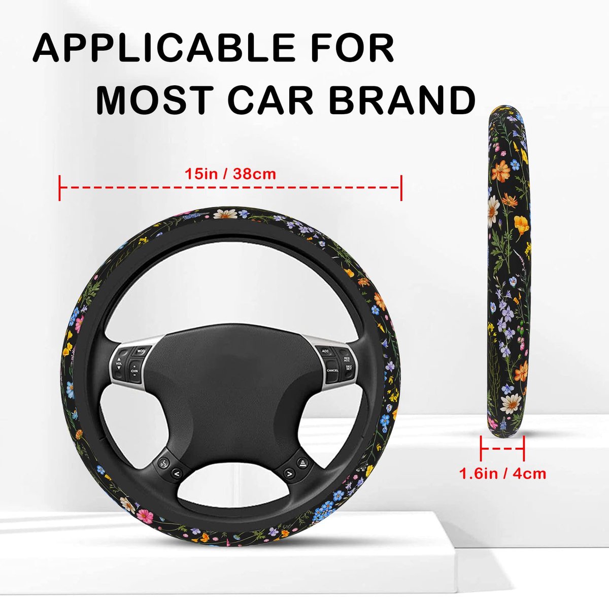 Geschikt voor-38cm Stuurhoes-Alle auto's-Stuurhoes voor heren, antislip, ademend, zweetabsorberend, universeel, 14,5-15 inch schattige stuurhoes, wilde bloemen auto accessoire. – foto 5