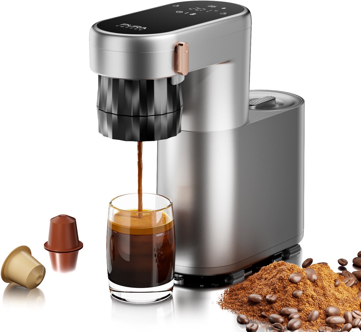 Pura Coffee C1 Pro Mini Espressomachine - 3 Seconden Verwarming - 20Bar - Draagbaar & Oplaadbaar - Eénknopsbediening - Geschikt voor Koffiepoeder & Espressocapsules