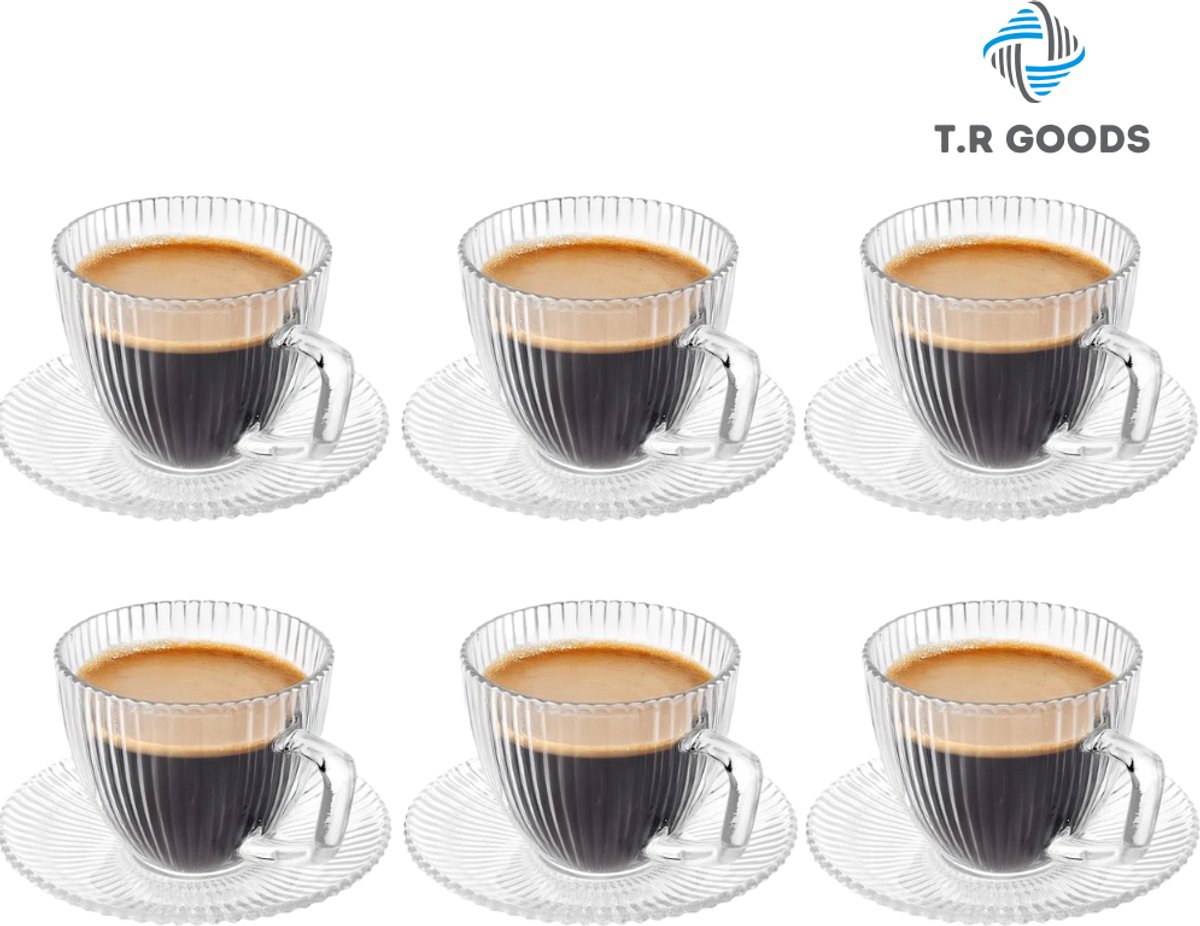 TR Goods – 6-delige Koffie & Cappuccino Glazenset met Schotels – 250 ml – Hittebestendig Glas – Voor Koffie, Cappuccino & Thee – 6 Kopjes + 6 Schotels