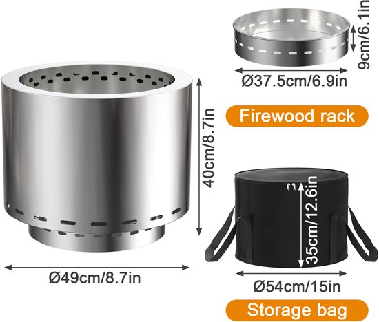 Draagbare rookvrije houtkachel Outdoor roestvrijstalen vuurschaal vuurplaats vuurton vuurkorf met tas winddicht, kampeerfornuis terrasverwarming voor kamperen BBQ ⌀49 cm, hoogte 40 cm van Merkloos — afbeelding 5