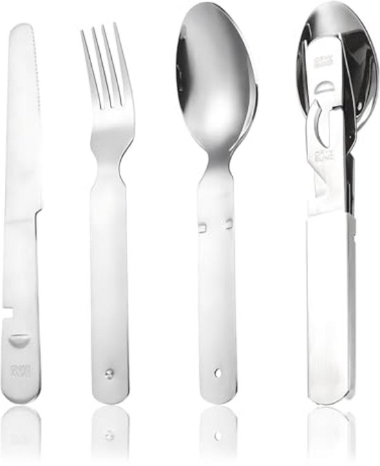 Campingbestekset 5-delig – Inklapbaar 4-in-1 – Mes, Vork, Lepel, Flesopener, Kurkentrekker – Roestvrij Staal, Voor Outdoor, Wandelen, Reizen