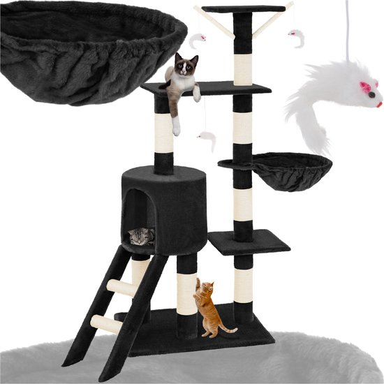 tectake® Krabpaal voor Katten - Middelgrote Krabpaal met Sisalpalen, Grot en Trap - Kattenhuis 144 cm Hoog - Klimboom en Speelboom voor Katten - Zwart
