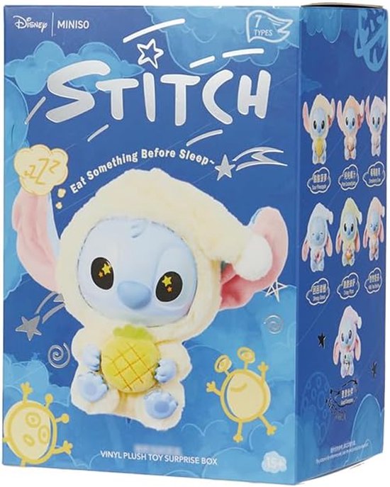 De doos van de Miniso Disney Stitch 'Eat Something Before Sleep Collection' blind box, met een Stitch met ananas.