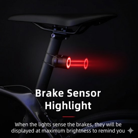 ROCKBROS Q3 Samurai - Smart Brake Fietsachterlicht - Automatisch LED Achterlicht met Bewegings- & Remsensor - Waterdicht IPX5 - USB-C Oplaadbaar - Geschikt voor MTB, Racefiets, Zadelpen & Zadelrail - High-Visibility Fietsverlichting van ROCKBROS — afbeelding 2