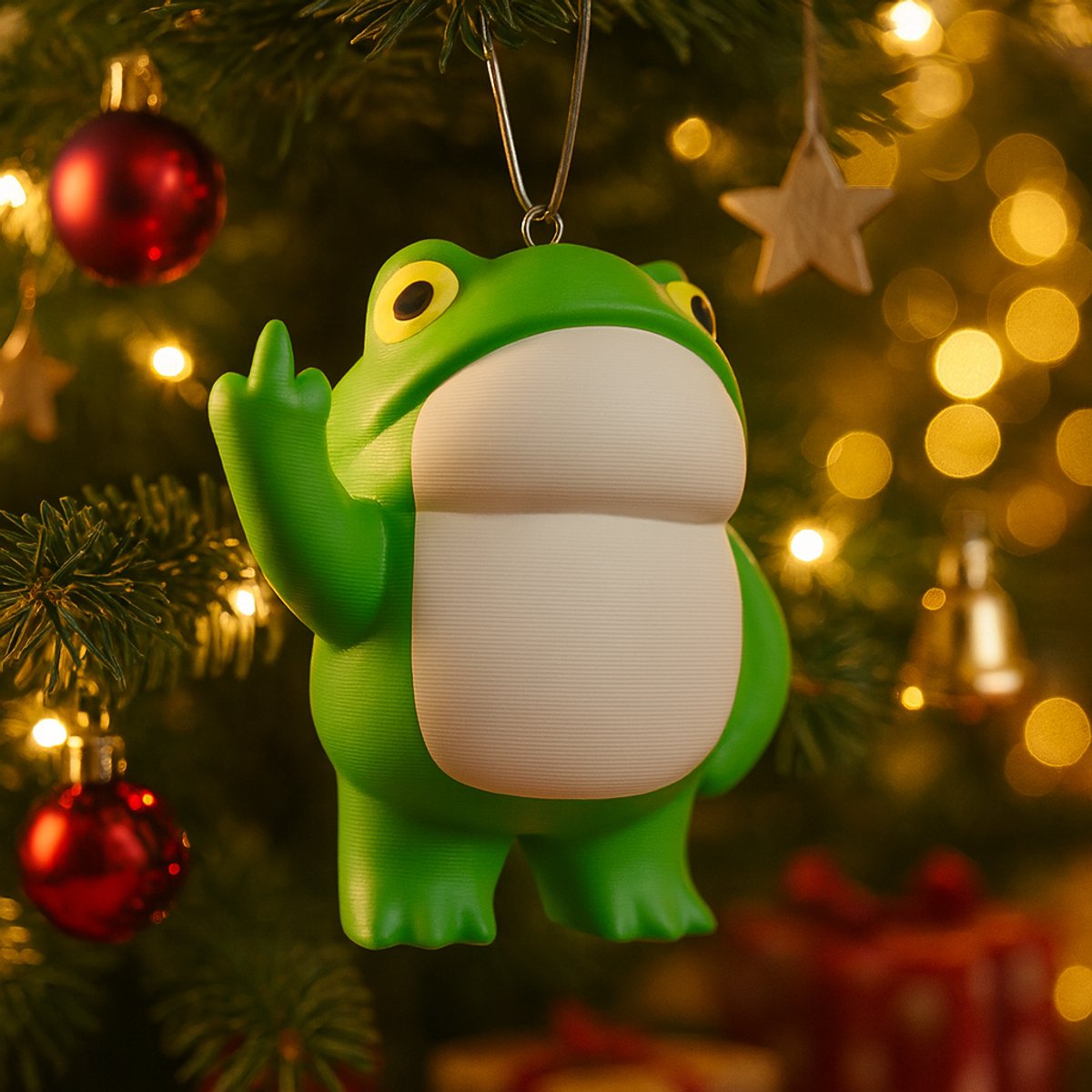 AnimalsAttitude – Middelgrote Kikker Kersthanger met Middelvinger – 3D-geprint PLA Beeldje – Humoristische Kerst Decoratie