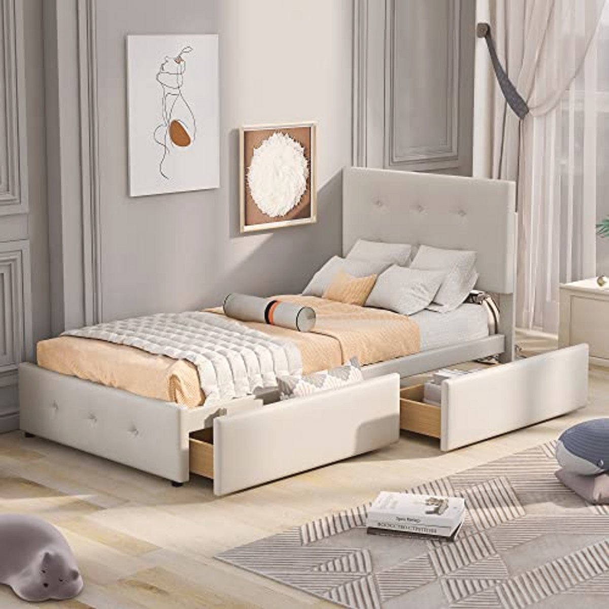 Eenpersoonsgestoffeerd bed met lattenbodem en laden, 90x200 cm, in hoogte verstelbaar hoofdeinde, fluweelbekleding (beige)