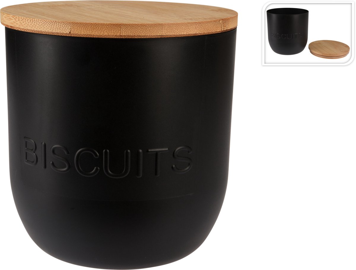 Voorraaddoos Biscuits 1700ml – Zwart met Bamboe Deksel – Luchtdichte Koekjestrommel – Ø15 cm