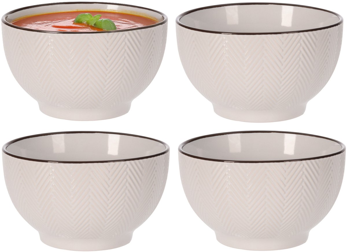 Siaki Soepkom Fishbone - 4x - beige - 14 x 8 cm - keramiek - kommetjes/schaaltjes - 680 ml