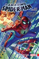 Amazing Spider-Man strip met Spider-Man in rood en blauw pak, vliegend door de stad. Tekst: "The AMAZING SPIDER-MAN".