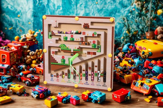 Houten doolhofspel met Mario-thema, met gekleurde balletjes, planten en blokken, en een magnetische pen.