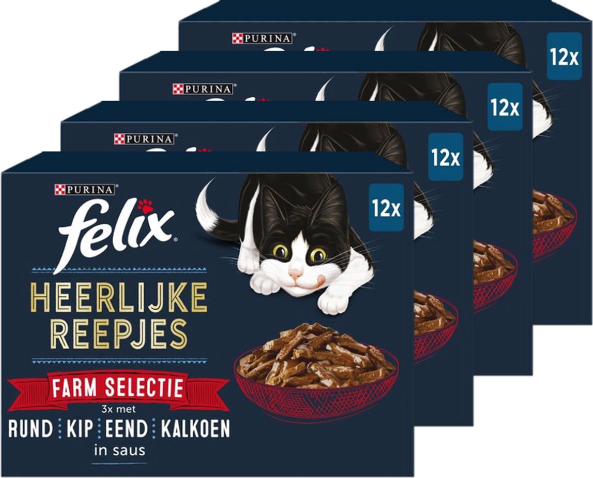 Felix Heerlijke Reepjes Farm Selectie box - Katten natvoer - 4 x 12 zakjes van 80g