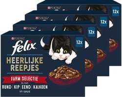 Felix Heerlijke Reepjes Farm Selectie - Kattenvoer Natvoer - Rund Kip Eend & Kalkoen - 48 x 80 g
