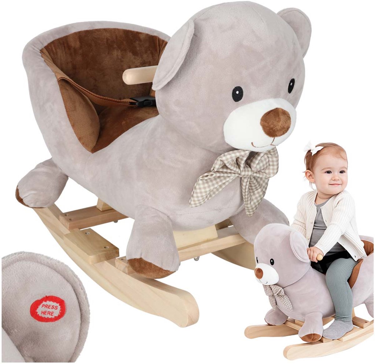 Playos® - Hobbelfiguur - Beer - met Geluid - met Riem - vanaf 1 Jaar - Pluche Hobbeldier - Schommelstoel