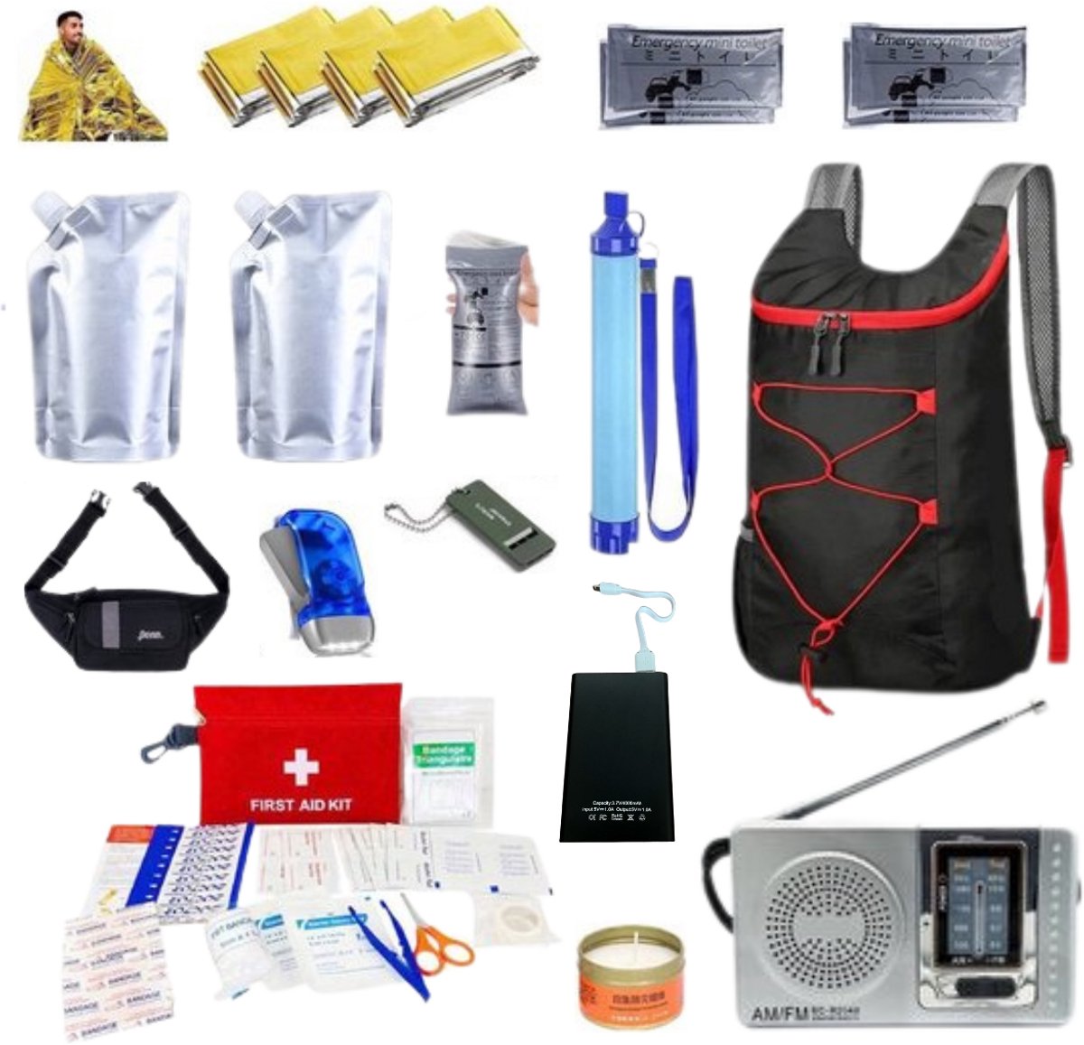 Noodpakket - Noodradio - Powerbank - Rugzak - Warmtedeken - Noodkaars - 4xNood Toilet - 1xKnijpkat Zaklamp - 2xWaterzakken 1000ml - Noodfluit - EHBO Kit - Survivalradio - Overlevingspakket - Noodpakket Voor Thuis - Survival - Kamperen