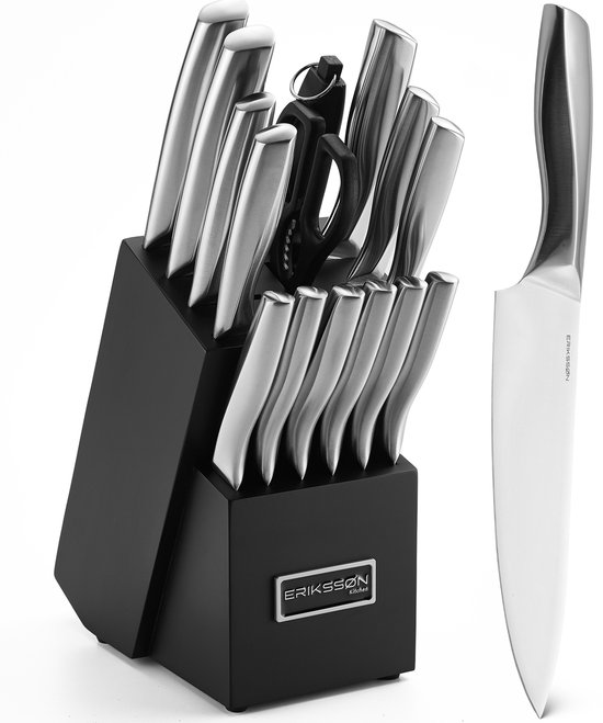 Erikssøn Kitchen Messenset Met Keukenblok - 16 Delig - Krasbestendig - Keukenmessen - Koksmes - Vleesmes - Zilver