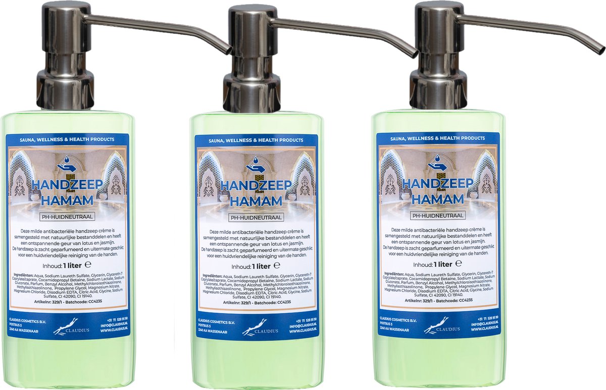 Handzeep Hamam 500 ml - set van 3 stuks - met gratis RVS zilverkleurige pomp - Voordeelverpakking