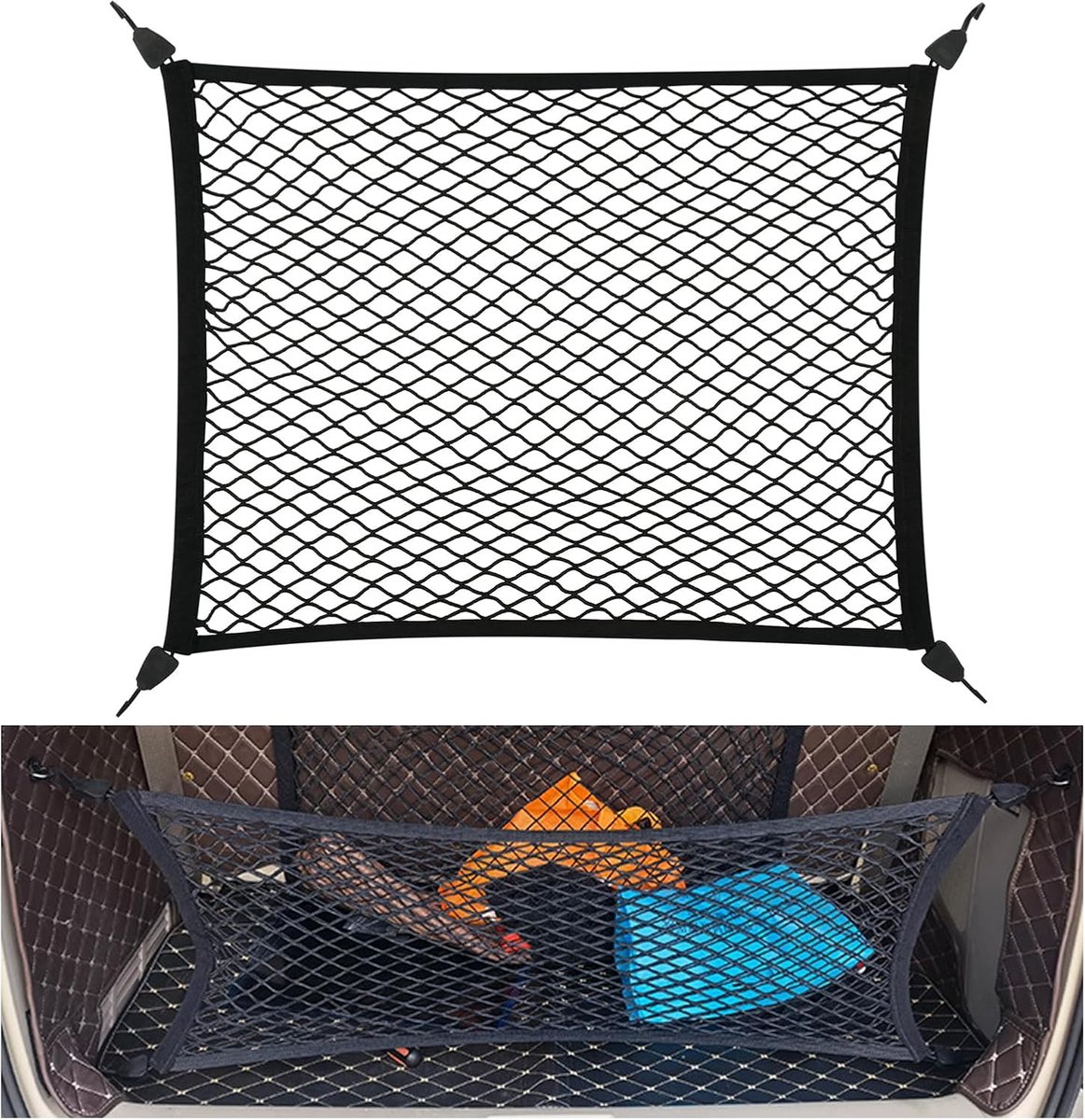 Famanu - Groot auto-opbergnet 80x60 cm, uitrekbaar tot 200x110 cm met 4 haken – Zwart