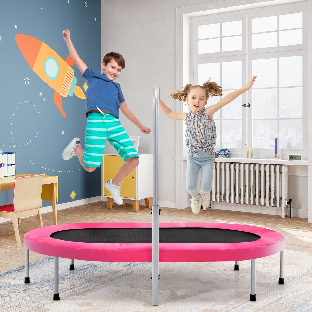 COSTWAY Trampoline voor 2 personen met in hoogte verstelbare handgreep, mini-trampoline tot 150 kg belastbaar, kindertrampoline inklapbaar, tuintrampoline voor kinderen en volwassenen (roze) — afbeelding 3