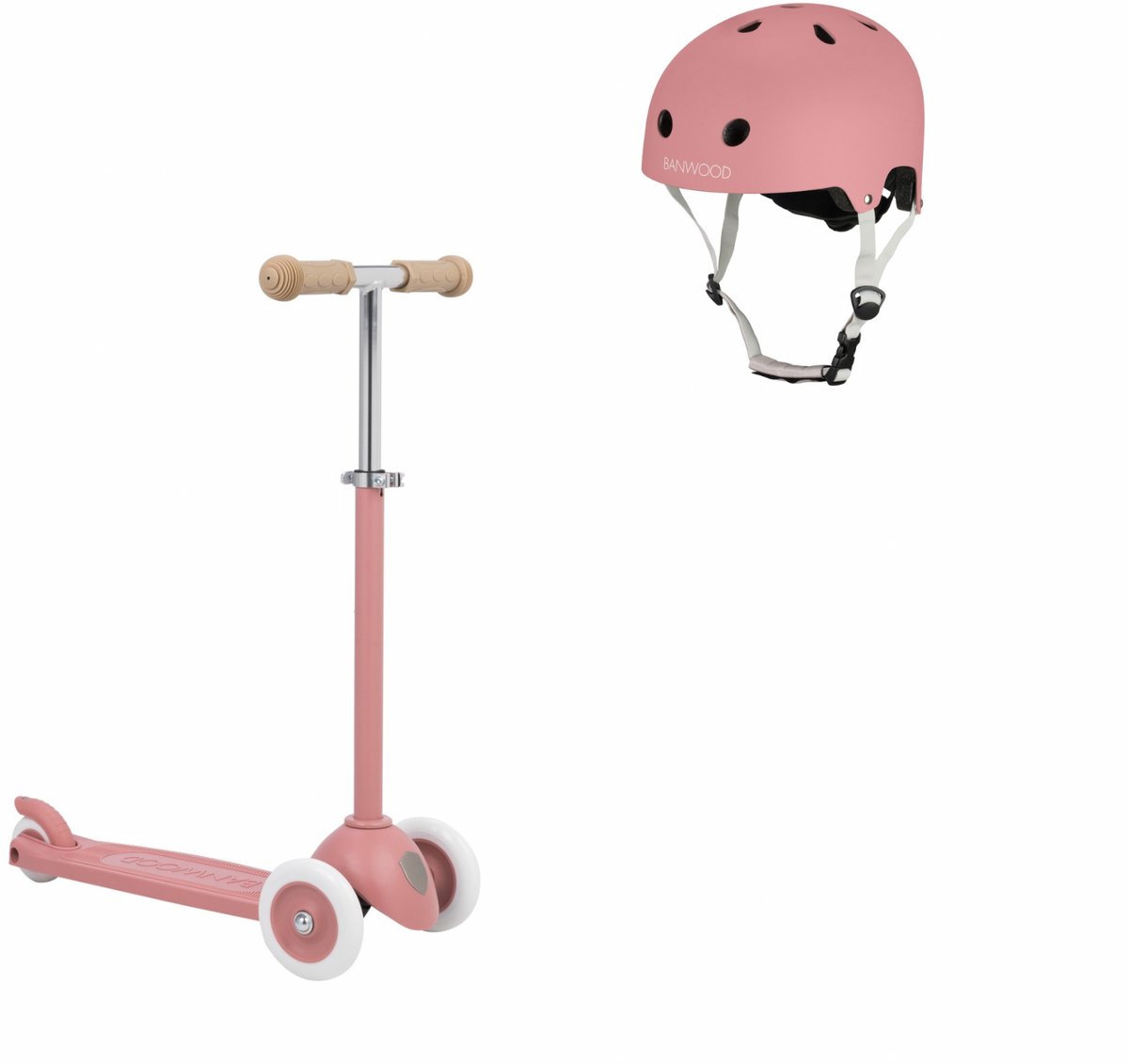 Banwood Eco Scooter + Eco Fietshelm - Raspberry - kinderstep - kinder helm - voordeelset