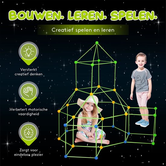 Kit de construction de Fort Glow Bailanta® – 100 pièces – Thema spatial avec toile ciel étoilé – Construction de Fort – Construction de cabane – Jouets Éducatif – Stimule la créativité et la motricité fine – Jeu de construction de Fort pour Enfants