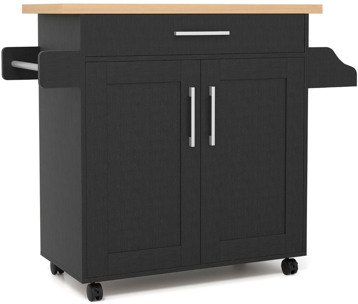 Keukeneiland - Verplaatsbaar - Keukenkast - Dressoir - Organizer - Kasten - Houten Werkblad - 2 Deuren - Naturel +Zwart